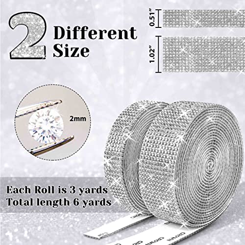 6 Yards Rhinestone Ribbon Adhesive Rhinestones for Crafts Crystal Bling Rhinestone Diamond Ribbon Strips Roll for Decoration Crafts DIY Wrapping 2 Rolls (Silver)