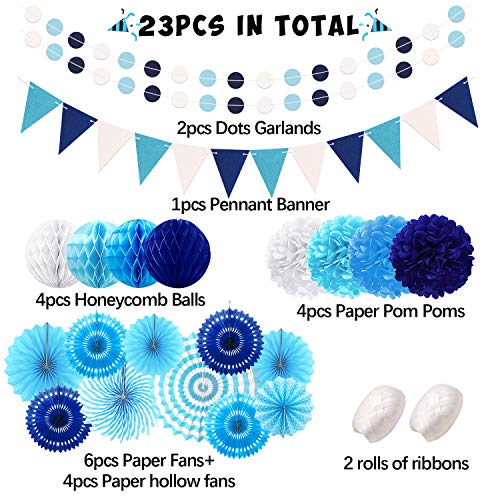 Navy Blue Party Decoration,23Pcs Hanging Paper Fans,Pom Poms Flowers,Garland String Polka Dot and Triangle Bunting Flag Packs for Boy Birthday, Bridal Shower,Baby Boy Showers,Wedding