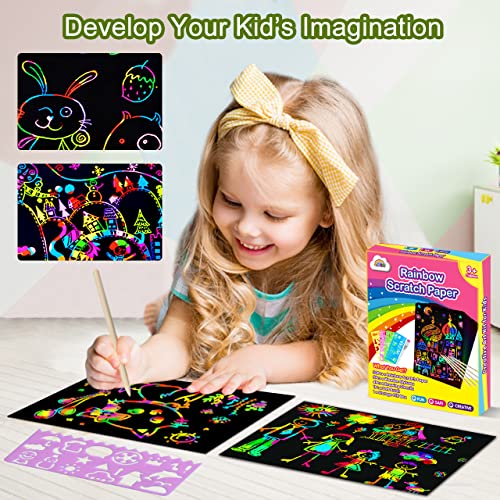 ZMLM Scratch Paper Art Set, 60 Pcs Rainbow Magic Scratch Paper for Kids Black Scratch Off Art Crafts Kits Notes with 5 Wooden Stylus for Girls Boys Toy Halloween Party Game Christmas Birthday Gift