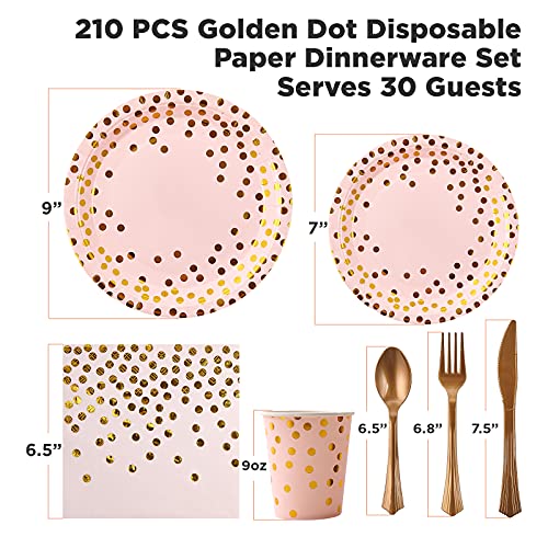 210 Piece Golden Dot Disposable Party Dinnerware Set 30 Guest -Pink Paper Plates Napkins Cups,Gold Plastic Forks Knives Spoons,FOCUSLINE Pink and Gold Party Supplies for Graduation Birthday Wedding