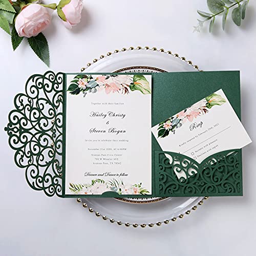 PONATIA 5.12 x 7.2 Emerald Green Invitation Cards, Trifold laser cut invitations Wedding Invitation Cards Pockets with Envelopes for Wedding Bridal Shower Engagement Birthday Sweet 16 (20PCS No Inner Sheet)
