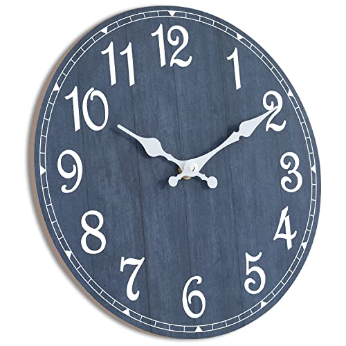 HYLANDA Wall Clock, 10 Inch Wall Clocks Battery Operated Silent Non Ticking, Round Wooden Rustic Clocks Decor for Kitchen, Bathroom, Living Room, Home, Bedrooms, Office (Navy Blue)