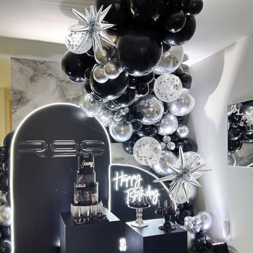 Felice Arts Black and Silver Balloon Garland Arch Kit with Latex Confetti Balloons Silver Explosion Star Balloons for New Year Eve Party Decor Graduation Birthday Wedding Anniversary Party Supplies