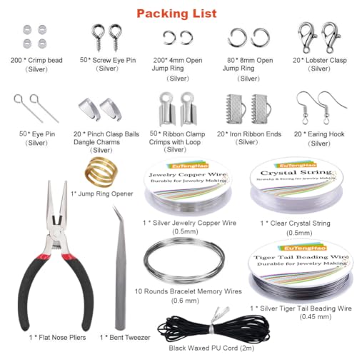 EuTengHao Jewelry Making Supplies Kit Jewelry Repair Tool Set with Jewelry Pliers Beading Wires Open Jump Ring Lobster Clasps Necklace Cord Ribbon Ends Jewelry Findings Making for Jewelry DIY Supplies
