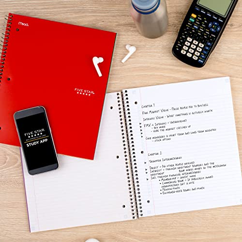Five Star Spiral Notebook + Study App, 3-Subject, College Ruled Paper, Fights Ink Bleed, Water Resistant Cover, 8-1/2" x 11", 150 Sheets, Red (72065)