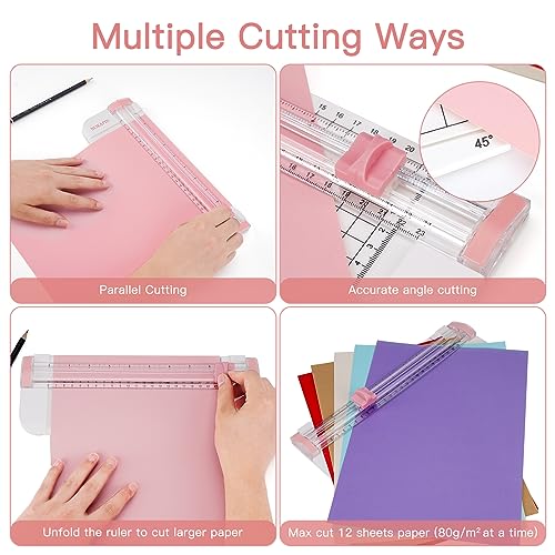 Paper Cutter,Portable Paper Trimmer,12 Inch Paper Slicer Scrapbooking Tool with Automatic Security Safeguard and Side Ruler for Craft Paper,A4 A5 Paper,Coupon, Label and Cardstock (Blue) (Pink)