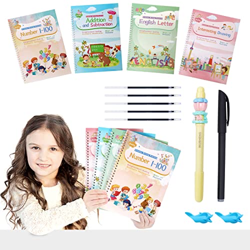 ASIGN Magic Ink Copybooks for Kids Reusable Handwriting Workbooks for Preschools Grooves Template Design and Handwriting Aid (ENLARGED-Version 4books+Pens)