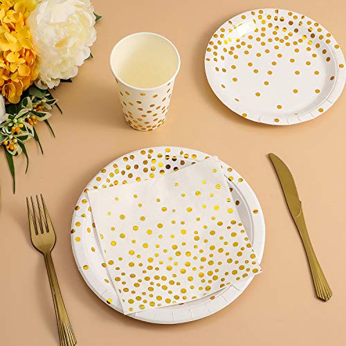 DUOCUTE White and Gold Party Supplies 150PCS Golden Dot Disposable Party Dinnerware Includes Paper Plates, Napkins, Knives, Forks, 12oz Cups, Banner, for Bridal Shower, Engagement, Wedding, Serves 25