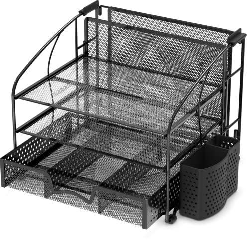 Simple Houseware Desk Organizer 3 Tray w/Sliding Drawer, Hanging File Holder and Pen Holder Accessory, Black