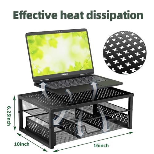 Simple Trending-Metal Monitor Stand Riser and Computer Desk Organizer with Drawer for Laptop, Computer, iMac, Black