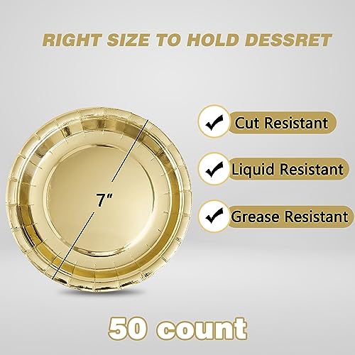 Tyzarglef Disposable Paper Plates Gold, 50 Count 7” Dessert Cake Plates Bulk for Party Supplies, Colored and Sturdy Party Plates for Birthday, Wedding, Baby shower, Bridal party supplies