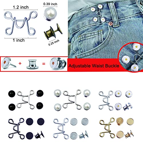 Urmspst 4 Set Pant Waist Tightener, Adjustable Waist Buckle Set, Extra Button for Jeans to Make Tighter, Button Adjuster for Pants, Jeans, Skirts, Sleeves, (Silver)