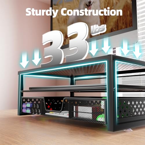 Simple Trending-Metal Monitor Stand Riser and Computer Desk Organizer with Drawer for Laptop, Computer, iMac, Black