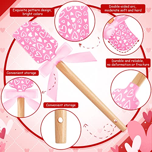 3 Pcs Valentine's Day Silicone Spatulas with Wooden Handles Valentine Pattern Heat Resistant Baking Spatulas Silicone Spatulas with Pink Satin Ribbon Bows for Baking, Cooking and Sauteing