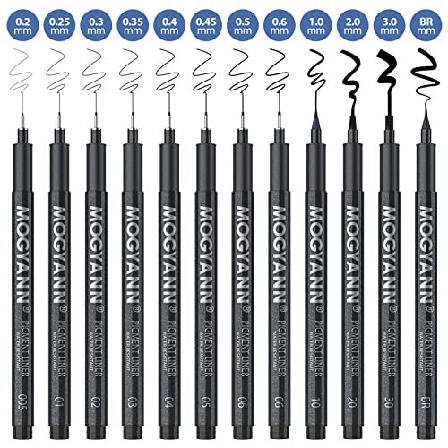 Mogyann Drawing Pens Black Art Pens for Drawing 12 Size Waterproof Ink Pens for Artists Sketching, Manga, Writing