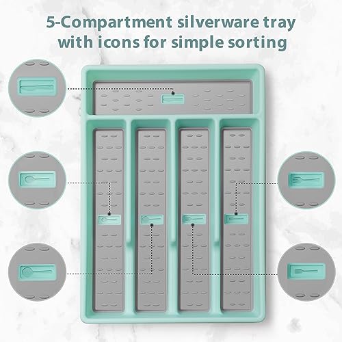 Joequality Silverware Organizer with Icons,Plastic Cutlery silverware Tray for Drawer,Utensil Flatware Tableware Organizer for Kitchen with Non-slip TPR,Fits Standard Drawer,5-Compartment,Light Blue