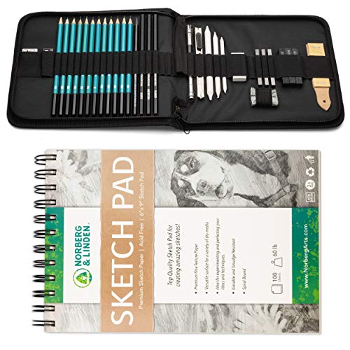 Norberg & Linden XL Drawing Set - Sketching, Graphite and Charcoal Pencils. Includes 100 Page Drawing Pad, Kneaded Eraser, Blending Stump. Art Kit and Supplies for Kids, Teens and Adults.