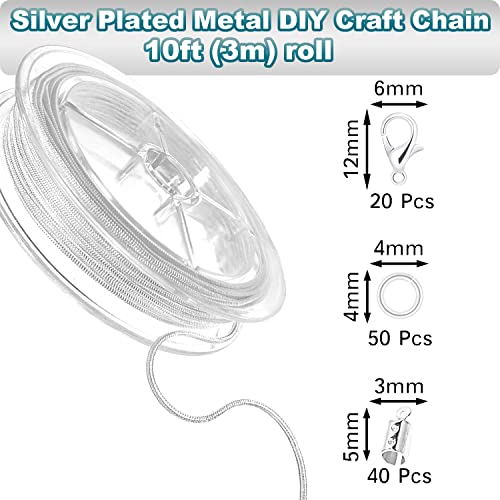 Jishi 33ft Silver Snake Chain 1.2mm Jewelry Making Chains for Necklace Bracelet DIY Jewelry Supplies Findings - Silver Plated Round Snake Cable Chain Link Roll w/Lobster Clasps, Cord Ends & Jump Rings