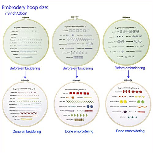 Bonroy Beginners Embroidery Stitch Practice kit, 3 Sets Embroidery Kit to Learn 30 Different Stitches for Craft Lover Hand Stitch with Embroidery Fabric with Embroidery Skill Techniques