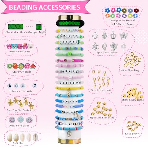 LZOUOWO 6100 Polymer Clay Beads for Bracelets Making Aesthetic Kit 24 Colors Flat Heishi Beads for Jewelry Making DIY Set with Letter Beads, Smile Face Beads and Charms for Girls Gift