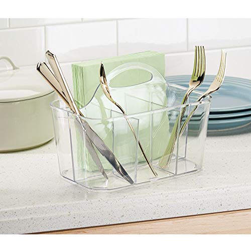mDesign Plastic Cutlery Storage Organizer Caddy Bin Tote with Handle - Kitchen Cabinet Divided Pantry Basket for Forks, Knives, Spoons, Napkins, Indoor/Outdoor Use, Lumiere Collection, Clear