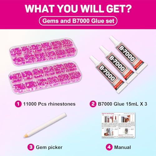 11000Pcs Hot Pink Rhinestones with b7000 Glue for Crafts Clothing Clothes Fabric Nails, Bright Pink Gems ab Jelly Resin FlatBack Rhinestones for Shoes Tumblers Flat back Bedazzler Kit with Rhinestones
