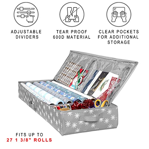 Wrapping Paper Storage Container – Fits up to 27 Rolls 1 3/8” Diam. - Underbed Gift Wrap Organizer Bags, Wrapping Paper Rolls, Ribbon, and Bows - Under Bed- Durable Material 600D - Up to 40" Rolls