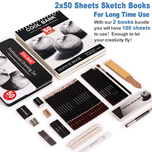 52 Piece Professional Drawing Set with 2 x 50 Page Drawing Pad, Art Supplies, Graphite Drawing Pencils and Sketch Set, Artist Sketching Tools in Tin Box Includes Charcoals,Pastels and Sharpener