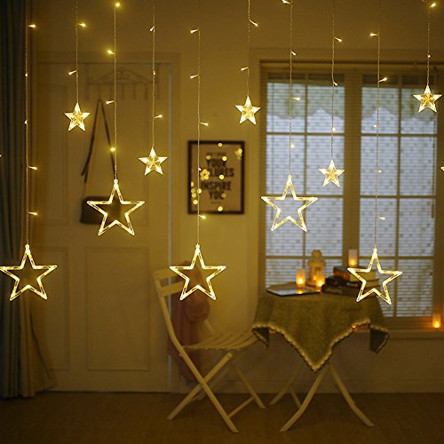 Twinkle Star 12 Stars 138 LED Curtain String Lights, Window Curtain Lights with 8 Flashing Modes Ramadan Decoration for Christmas, Wedding, Party, Home Decorations (Warm White)