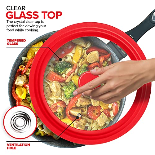 Modern Innovations Universal Lids (Set of 2) Fits 7 to 12-Inch Cookware, Silicone Replacement Pan Lid, Glass Top Covers for Skillets, Pots, Frying Pans, Cast Iron - Red
