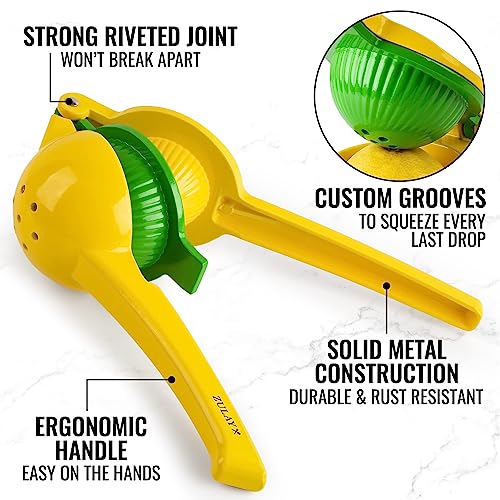 Zulay Metal 2-In-1 Lemon Squeezer Manual - Sturdy, Max Extraction Hand Juicer Lemon Squeezer Gets Every Last Drop - Easy to Clean Manual Citrus Juicer - Easy-to-Use Lemon Juicer Squeezer-Yellow/Green
