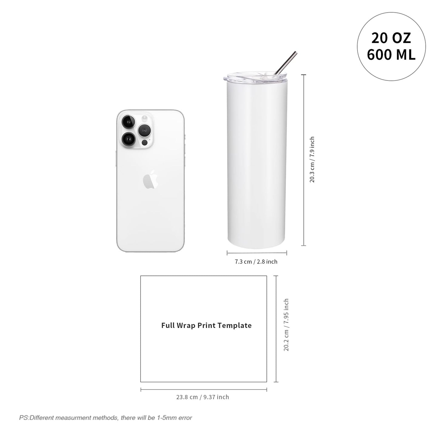 PYD Life Sublimation Blanks Skinny Tumbler White 20 OZ Straight Stainless Steel Tumbler with Metal Straw for Mug Tumbler Heat Press Machine Sublimation Printing 4 Pack
