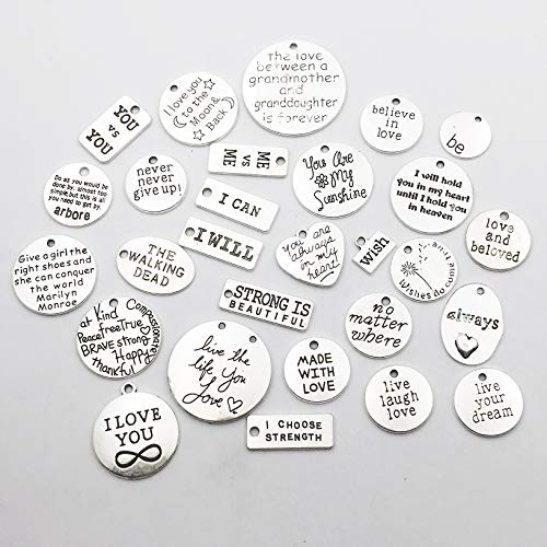 iloveDIYbeads 30pcs Inspiration Words Charms Craft Supplies Mixed Pendants Beads Charms Pendants for Crafting, Jewelry Findings Making Accessory for DIY Necklace Bracelet (M044)