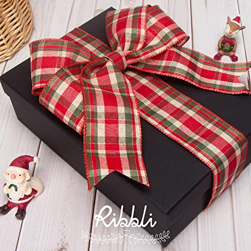 Ribbli 4 Rolls Christmas Wired Ribbon,Natural and Red Burlap Christmas Plaid Wired Ribbon,2 Inch Total 20 Yard, Christmas Ribbon for Crafts, Big Bow,Gift Wrapping, Wreath, Tree Decoration