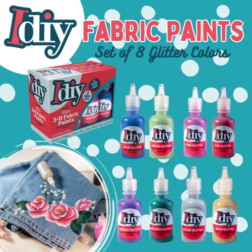 DIY Fabric Paints (8 GLITTER Colors)- 1oz bottles- Ultra Bright 3D Fabric T Shirt Clothing Soft Paint, Non-Toxic Water-Based, Washable, Permanent, Classroom, Kids Birthday Party Art Craft, Summer Camp