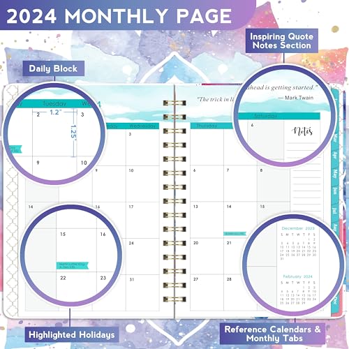 2024 Planner - Weekly & Monthly Planner 2024, 6.4” × 8.5”, Jan 2024 - Dec 2024, Flexible Hardcover, Strong Twin-Wire Binding,12 Monthly Tabs, Inner Pocket, Perfect Organizer