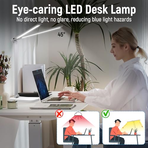 Bright LED Desk Lamp for Home Office - Dual Swing Arm Eye-Caring Architect Task Lamp, Adjustable Foldable Table Lamp, Dimmable Touch Control Desktop Lamp 5 Lighting Modes for Work/Study