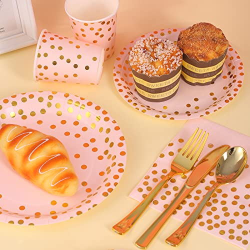 Dn Dennov 168PCS Pink and Gold-Pastel Party Supplies, Severs 24 Disposable Party Dinnerware Include Paper Party Plates, Cups, Napkins, Straw, Wooden Fork Spoon for Wedding,Christmas (Pink and Gold)