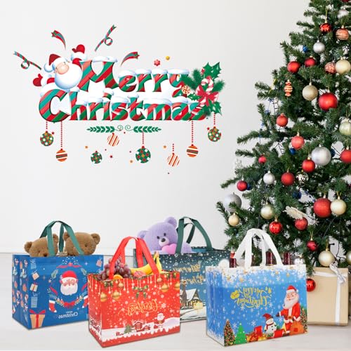 Christmas Gift Bags,12 PCS Large Reusable Christmas Tote Bags with Handles, Christmas Treat Bags, Multifunctional Non-Woven Christmas Bags for Gifts Wrapping, Shopping, Xmas, Party Favor Bags, 12.8" x 9.8" x 6.7"