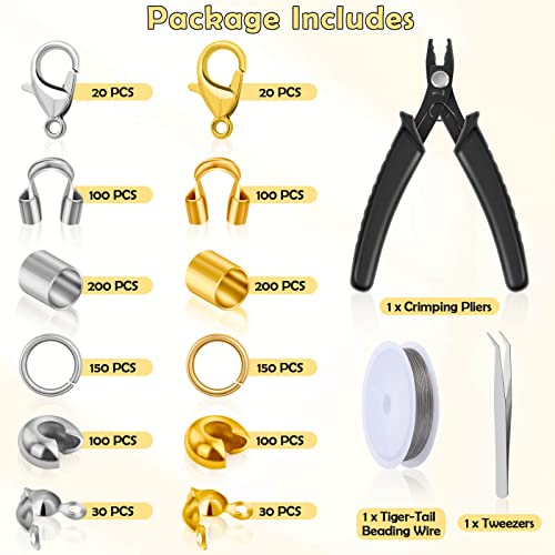 Acejoz 1200 Pcs Crimp Beads Kit for Jewelry Making, Crimp Beads, Covers, Tubes and Wire Guardians, Lobster Clasps, Jump Rings, Crimping Pliers and Beading Wire