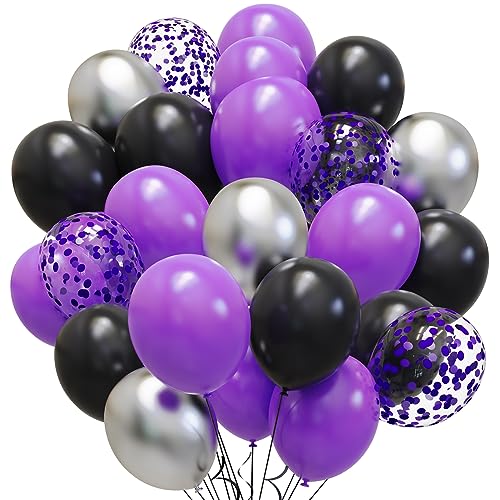 Purple Black Silver Latex Balloons, 65pcs 12 Inches Metallic Silver Purple Confetti Balloons with 1 Ribbon for Halloween, Birthday, Graduation, Anniversary,Wednesday party decorations
