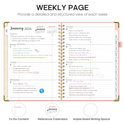 2024 Planner - Weekly and Monthly Planner Spiral Bound, Jan 2024 - Dec 2024, A5 (6.7" x 8.6"), Planner 2024 with Tabs, Inner Pocket, Helps To Keep Track Of Tasks - Pink