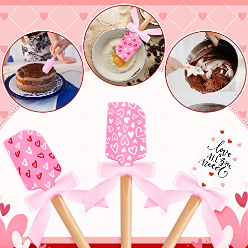 3 Pcs Valentine's Day Silicone Spatulas with Wooden Handles Valentine Pattern Heat Resistant Baking Spatulas Silicone Spatulas with Pink Satin Ribbon Bows for Baking, Cooking and Sauteing