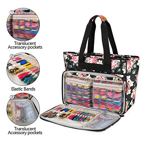 Yarwo Embroidery Project Bag, Embroidery Kits Storage Bag with Multiple Pockets for Embroidery Hoops (Up to 11.2"), Embroidery Floss or Other Embroidery Supplies, Black Peony (Bag Only)
