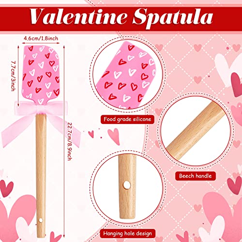 3 Pcs Valentine's Day Silicone Spatulas with Wooden Handles Valentine Pattern Heat Resistant Baking Spatulas Silicone Spatulas with Pink Satin Ribbon Bows for Baking, Cooking and Sauteing
