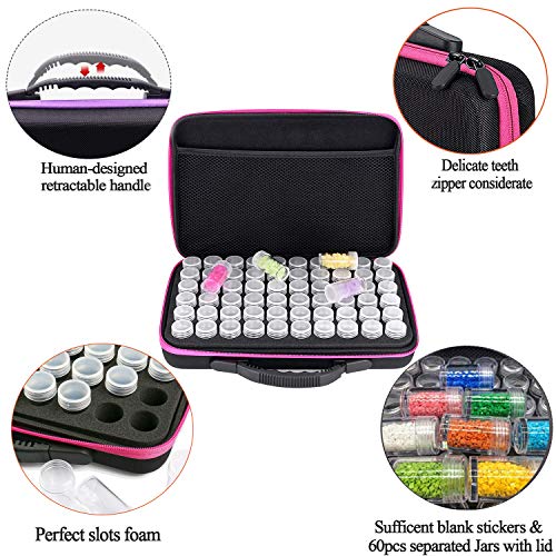 FUNDAFUL Diamond Painting Storage Containers, 60 Slots Diamond Art Accessories and Tools, Diamond Art Organizer with Diamond Painting Kits Shockproof Jars for Jewelry Beads (Pink)