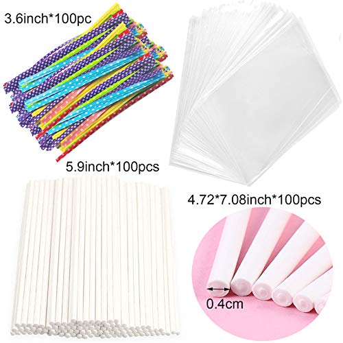 Big Size Lollipop Cake Pop Treat Bag Set Including 100pcs Parcel Bags, 100pcs Papery Treat Sticks, 100pcs Colorful Metallic Twist Ties for Making Lollipops, Cake Pops, Candies, Chocolates and Cookies