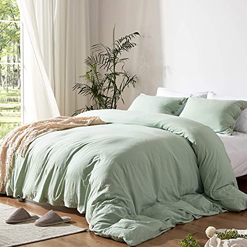 NexHome Light Green Duvet Cover Sets Queen Size 3 Piece Double Brushed Microfiber Queen Duvet Cover with Button Closure & Corner Tie 1 Breathable and Soft Duvet Cover 90x90 inches + 2 Pillow Shams