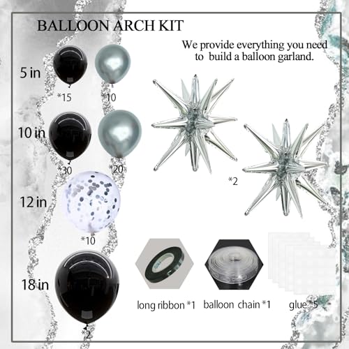 Felice Arts Black and Silver Balloon Garland Arch Kit with Latex Confetti Balloons Silver Explosion Star Balloons for New Year Eve Party Decor Graduation Birthday Wedding Anniversary Party Supplies