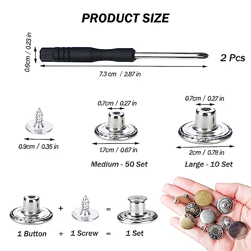 60 Sets Jean Buttons Pins, 17mm and 20mm No-Sew Removable Metal Buttons for Jeans, Jean Button Replacement Repair Combo Rivets and Screwdrivers in Storage Box, Women and Men's Jeans Clothing Supplies